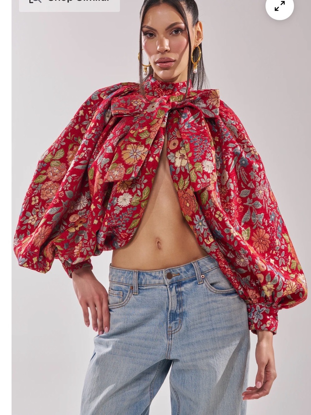 AKIRA Red Floral Bow-Tie Puff Sleeve Crop Blouse